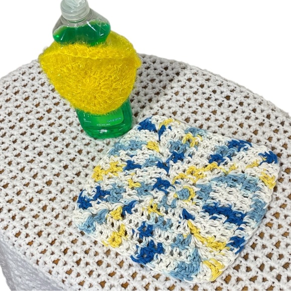 Handmade Crochet Granny Square Dish Coth Kitchen Blue White Yellow Bath Wash - Picture 1 of 16